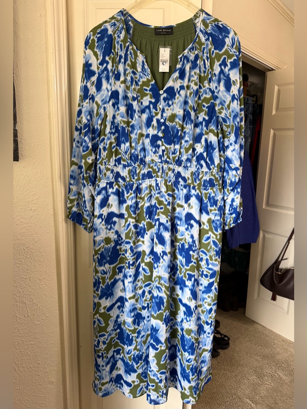 Lane Bryant Blue Green Midi Dress Size 16 Smocked Waist Pockets NWT